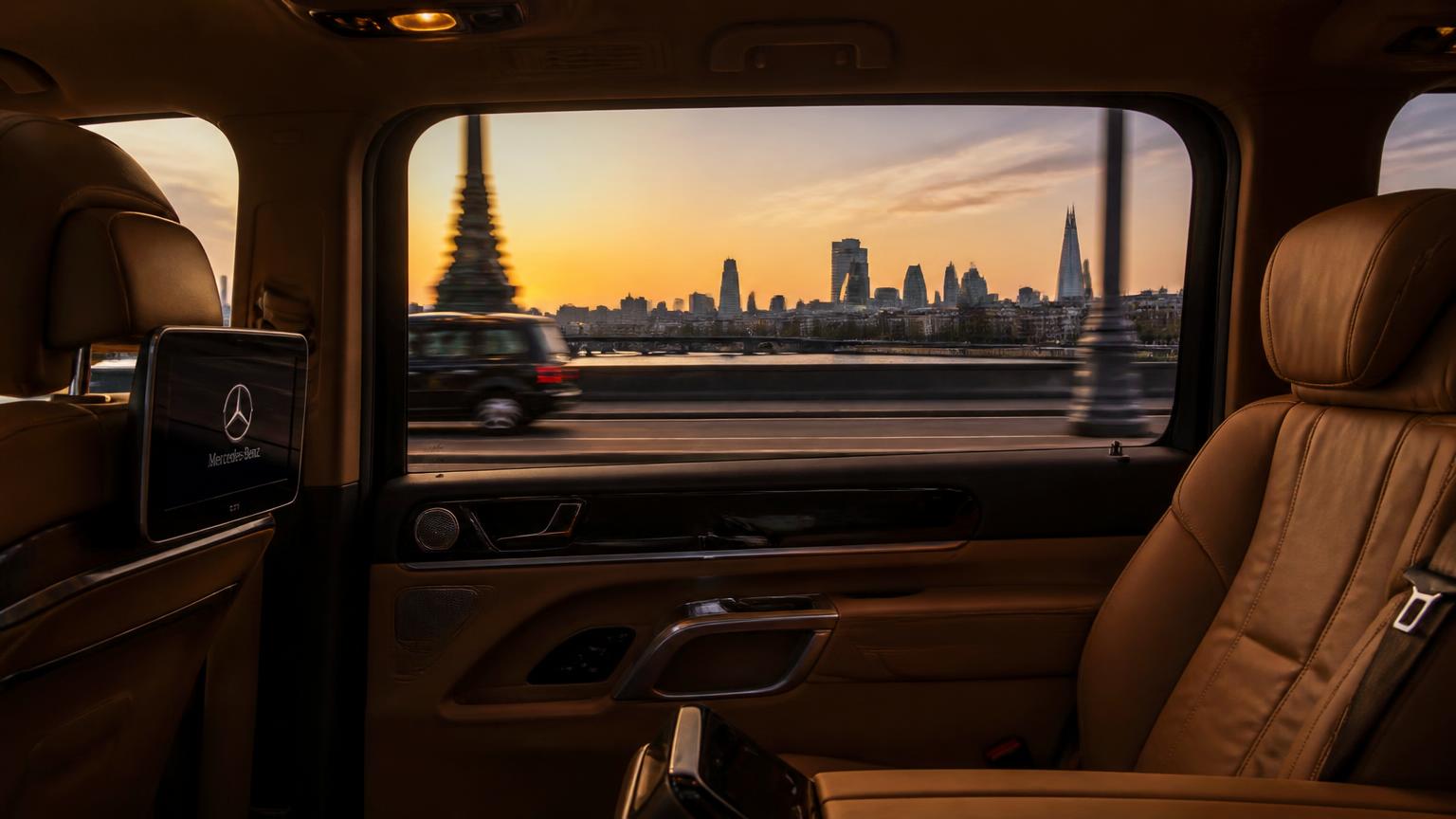 View of the London skyline from the leather rear seat of a luxury Mercedes V-Class