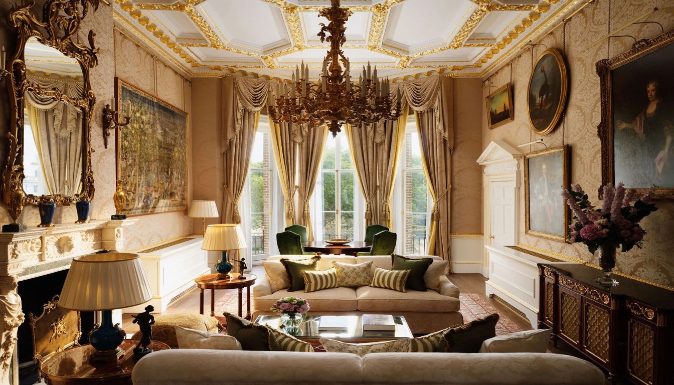 Signature suite drawing room at The Ritz London with gilded ceiling, antique tapestry and period furniture