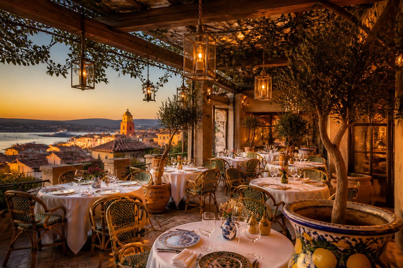 Terrace restaurant at dusk overlooking Saint-Tropez village and bay
