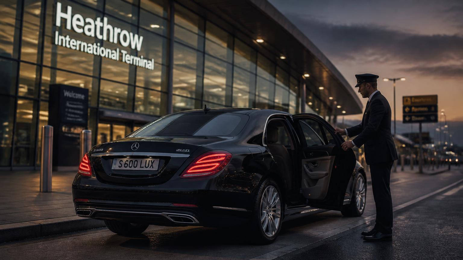 Black Mercedes S-Class chauffeur car waiting outside a Heathrow Airport terminal at dusk