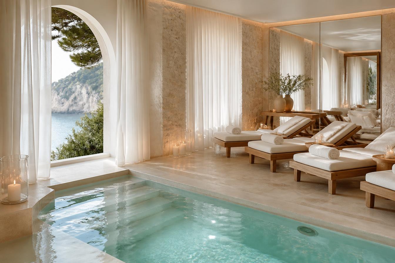 Spa relaxation area with indoor pool at Hôtel Byblos Saint-Tropez