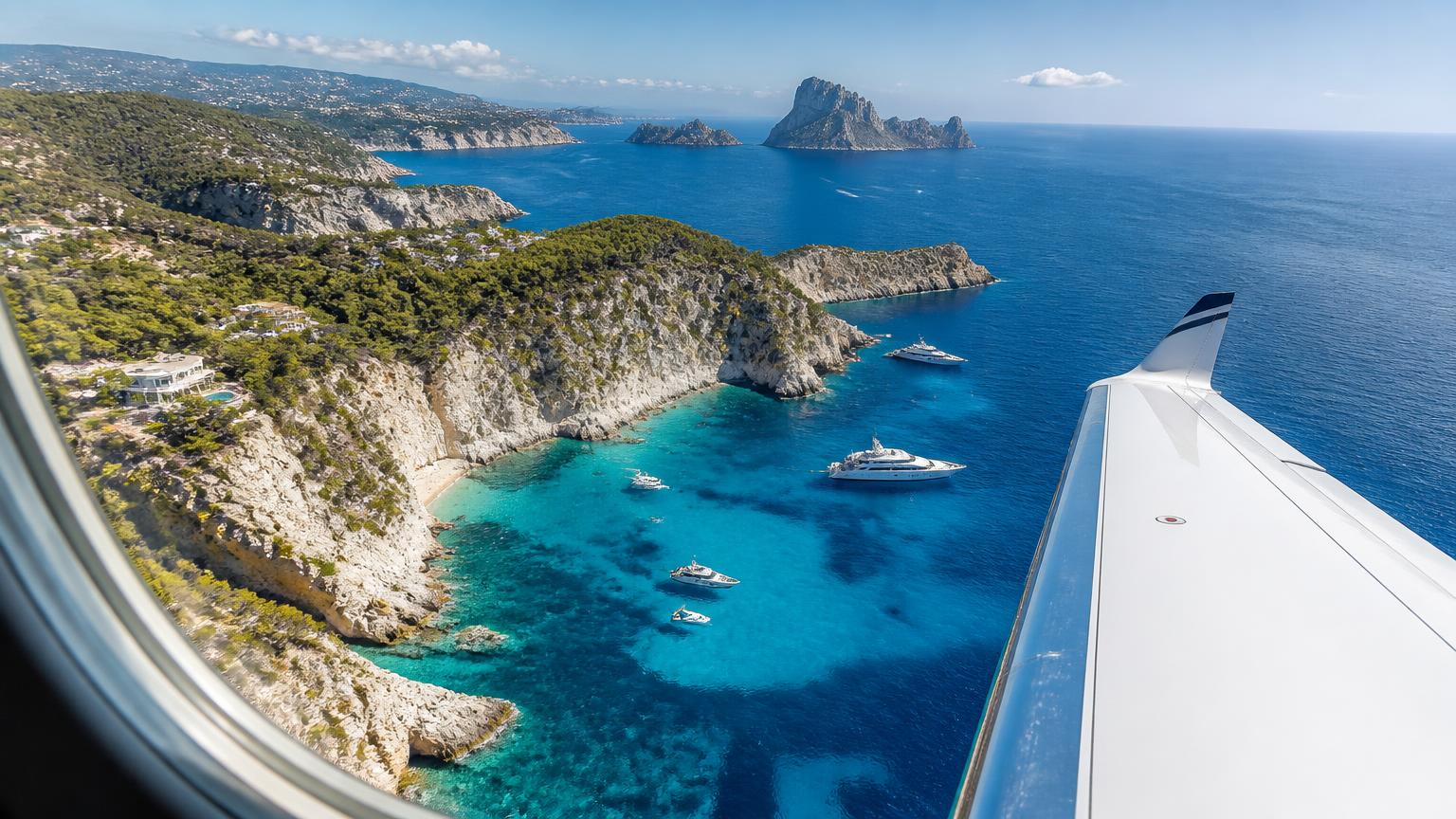 Aerial view of the Ibiza coastline with turquoise coves and yachts seen from a private jet window