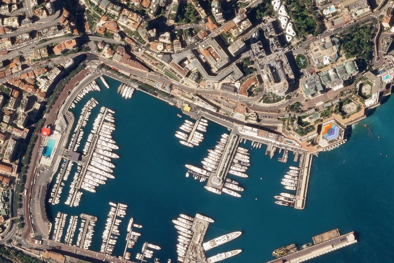Aerial view of Monaco harbour and the streets used by Circuit de Monaco