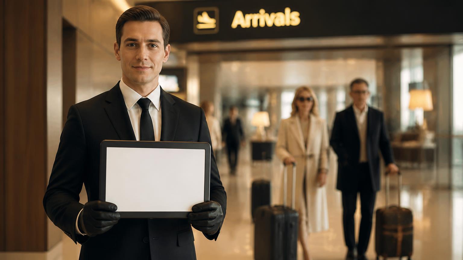 Chauffeur in a dark suit holding a nameboard in a Heathrow arrivals hall