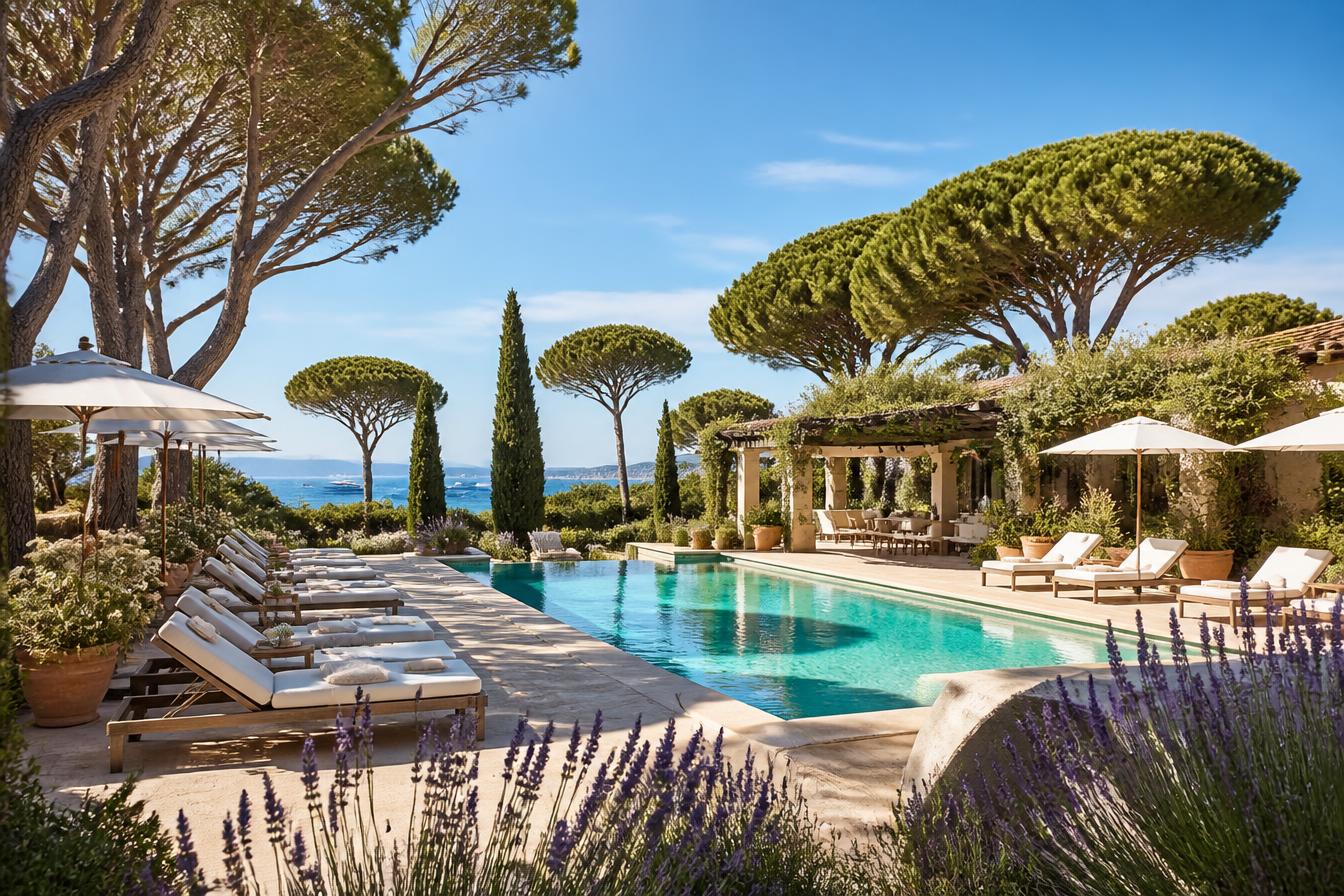 Sea-view swimming pool and pine gardens at Cheval Blanc St-Tropez