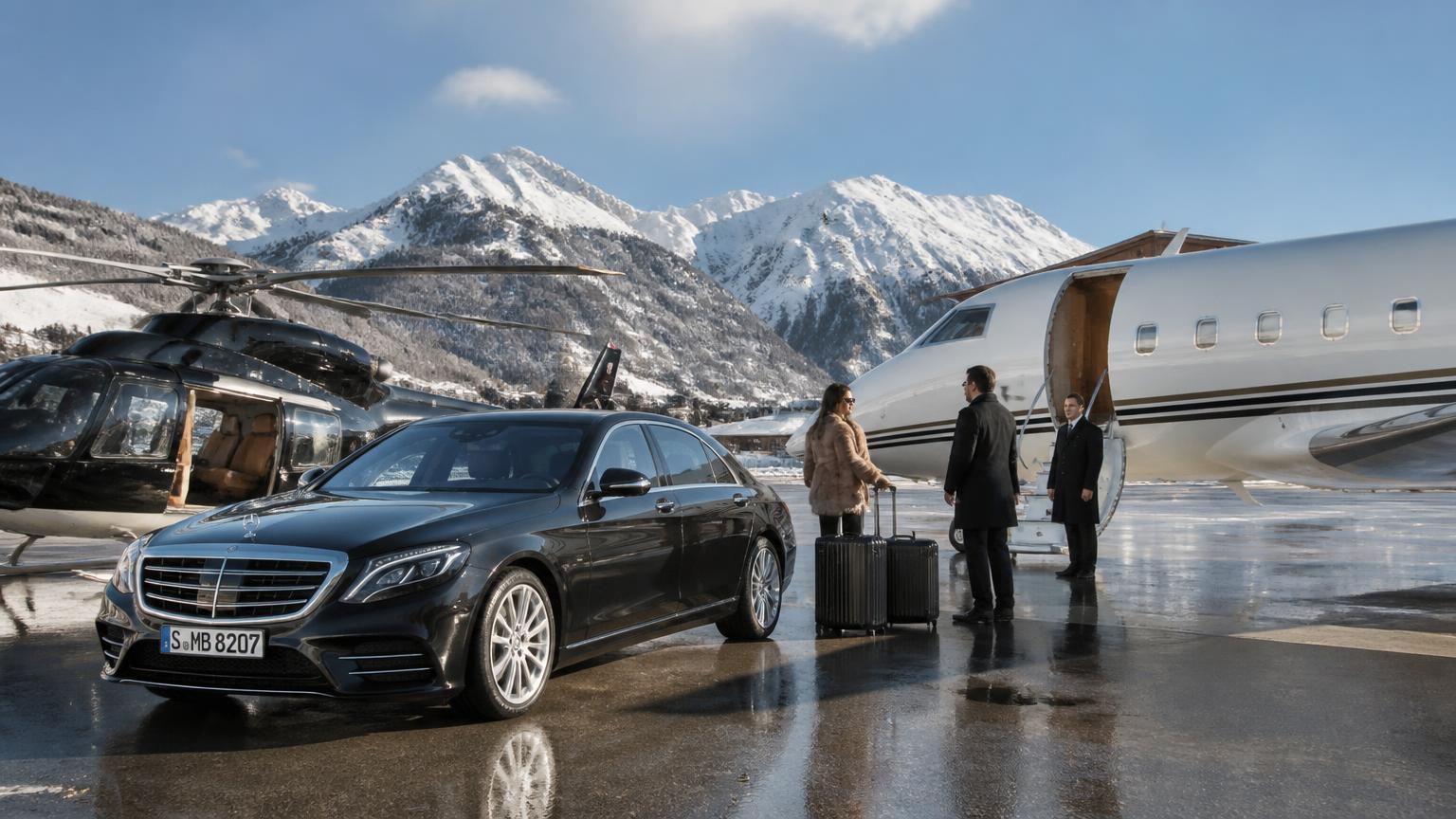 Helicopter and chauffeured Mercedes waiting beside a private jet on a snowy alpine apron