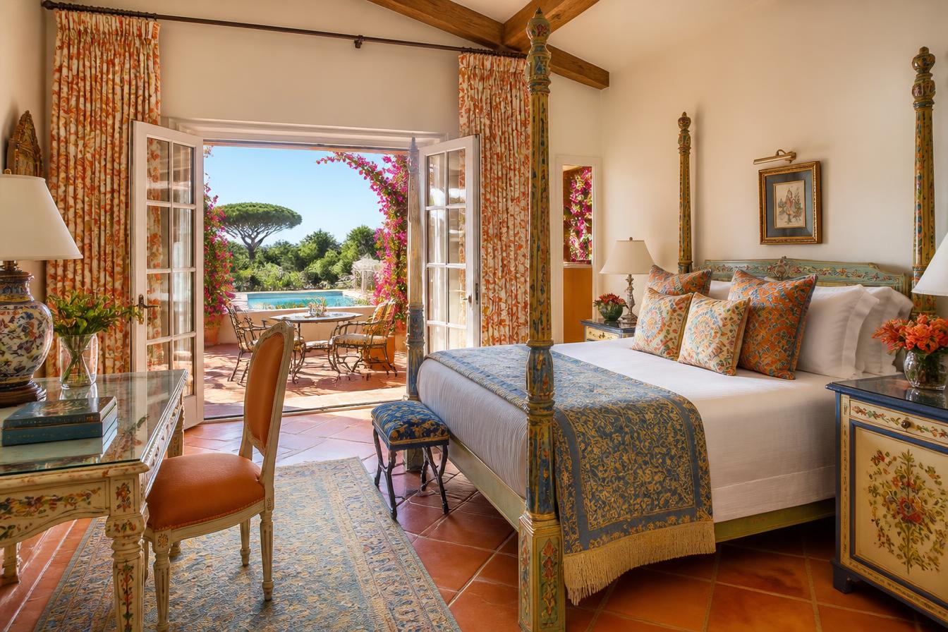 Colourful Provençal suite with hand-painted furniture and private terrace at Hôtel Byblos Saint-Tropez