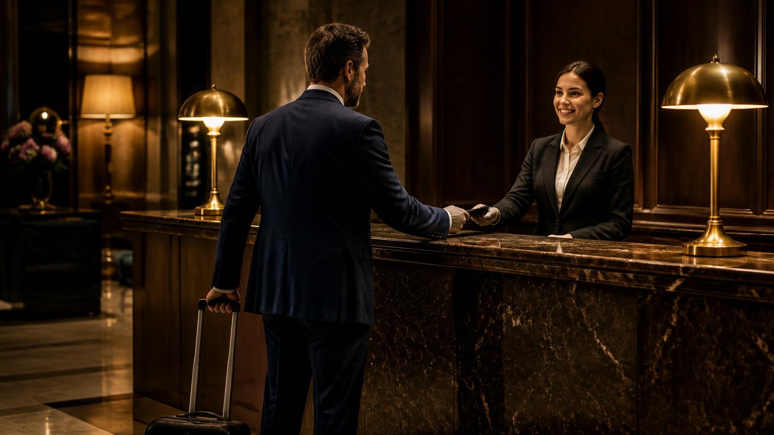 Business traveller checking in at an upscale hotel reception desk in the evening