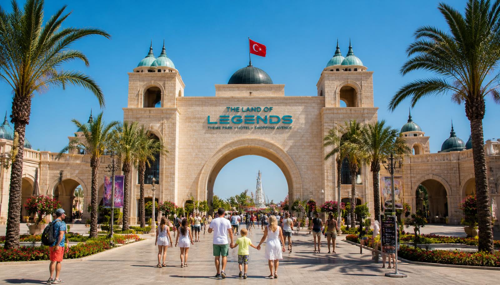 The Land of Legends grand sandstone entrance gateway in Belek Antalya with palm-lined boulevard and families walking towards the theme park