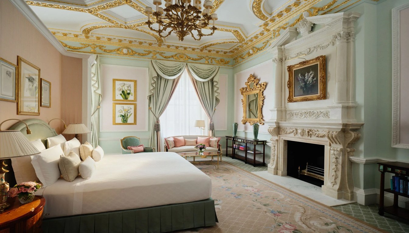 Louis XVI-style bedroom at The Ritz London with gilded ceiling, marble fireplace and pastel silk furnishings
