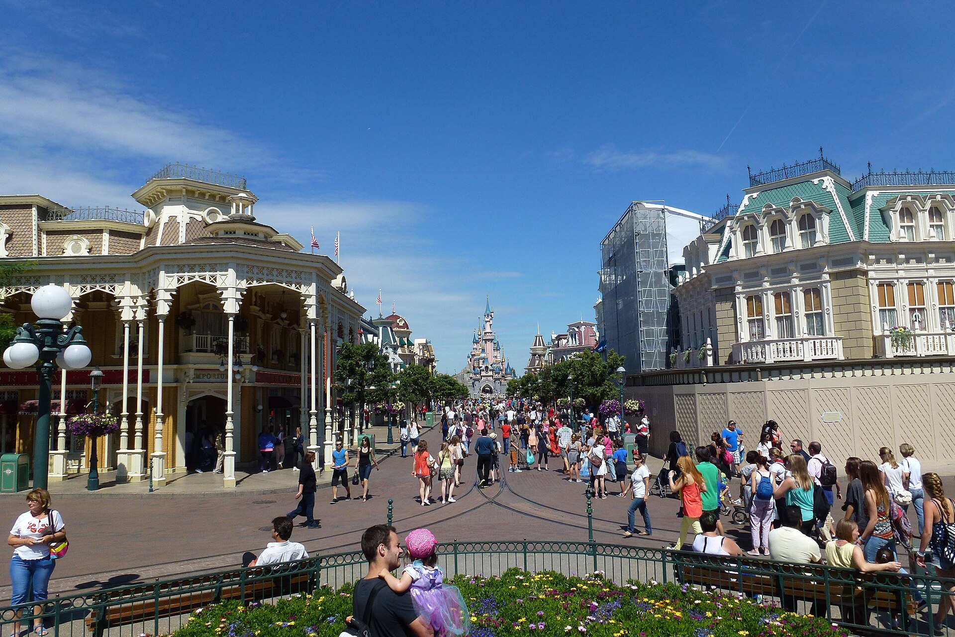 Main Street, U.S.A. at Disneyland Park in Paris with Sleeping Beauty Castle visible at the end of the street