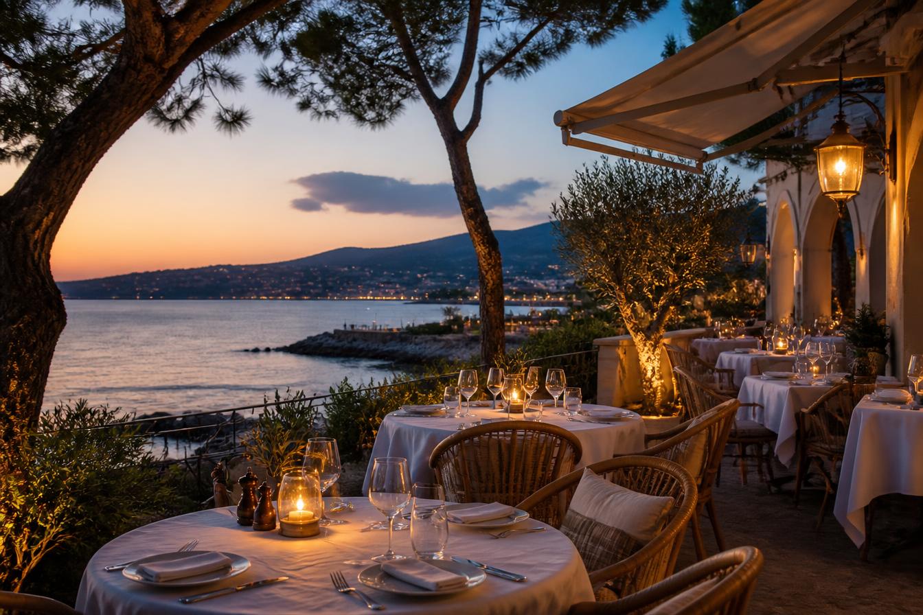 Seafront restaurant terrace at dusk at Cheval Blanc St-Tropez