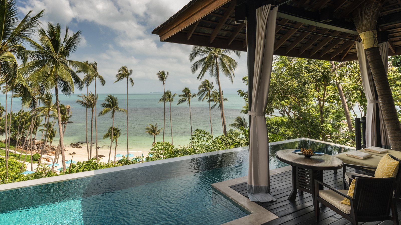 Private infinity pool and open-sided sala looking over the bay at Four Seasons Resort Koh Samui