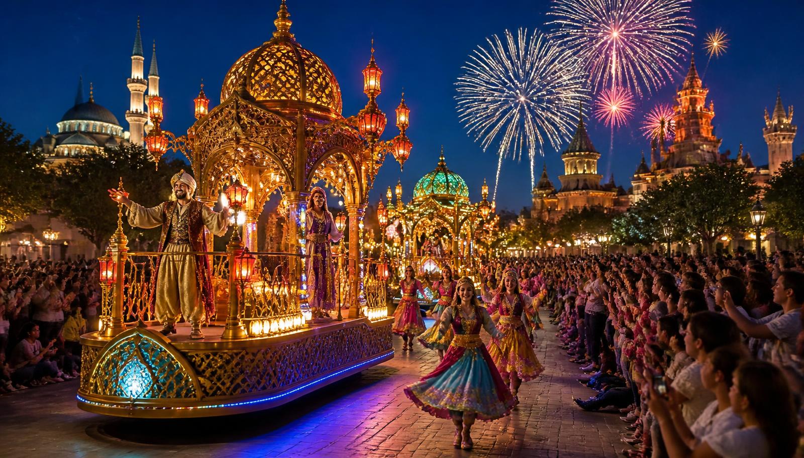 Evening parade at a Turkish theme park with illuminated ornate float, costumed dancers, crowds lining the boulevard and fireworks overhead