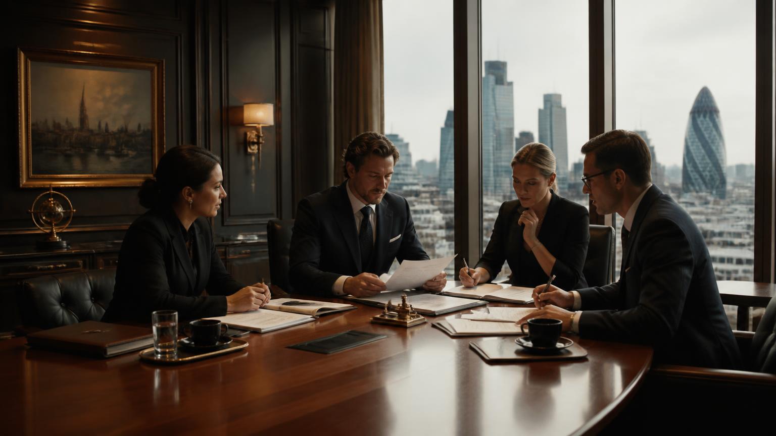 Business team reviewing travel programme documents in a London boardroom with city views