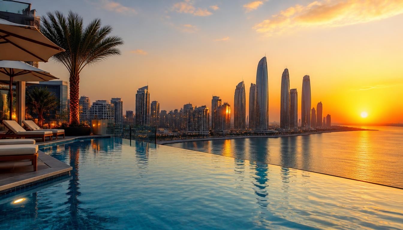 Abu Dhabi skyline at sunset seen from a luxury hotel rooftop infinity pool