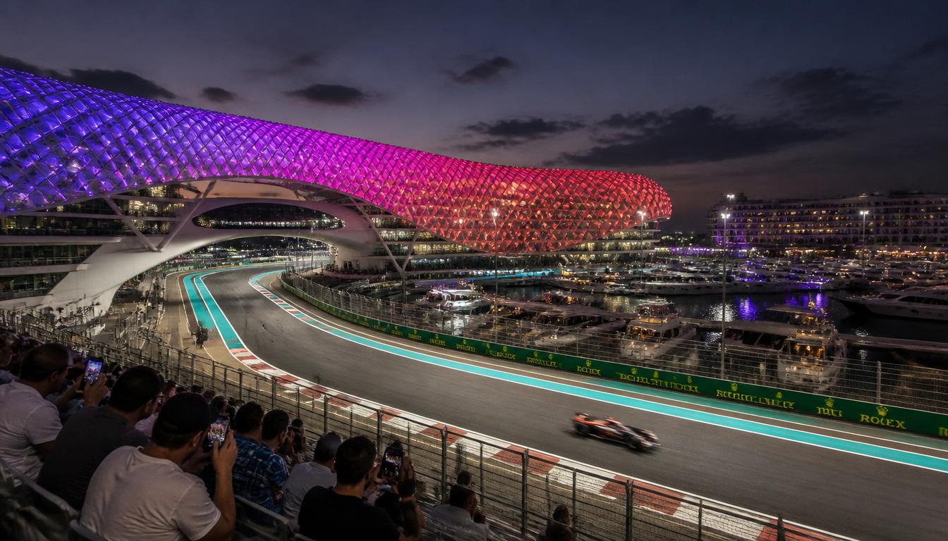 Grandstand view of Yas Marina Circuit at dusk with the illuminated hotel arching over the track and superyachts in the marina