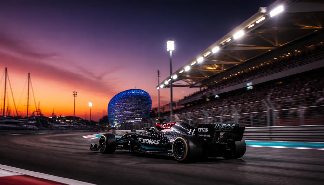 Formula 1 car racing under floodlights at Yas Marina Circuit in Abu Dhabi at twilight