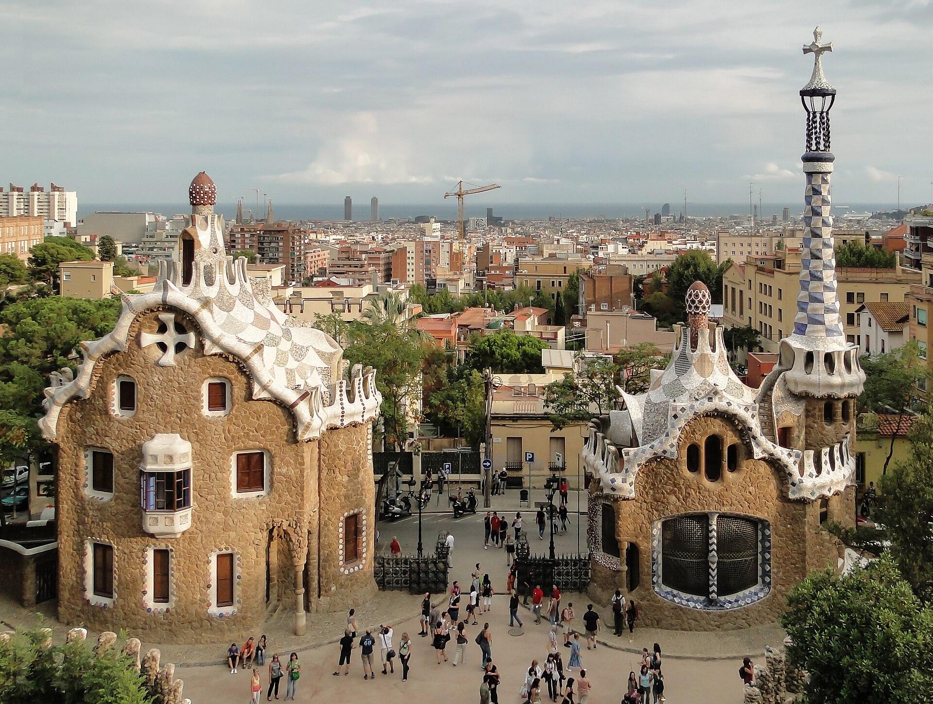 The mosaic terrace and city view at Park Güell in Barcelona