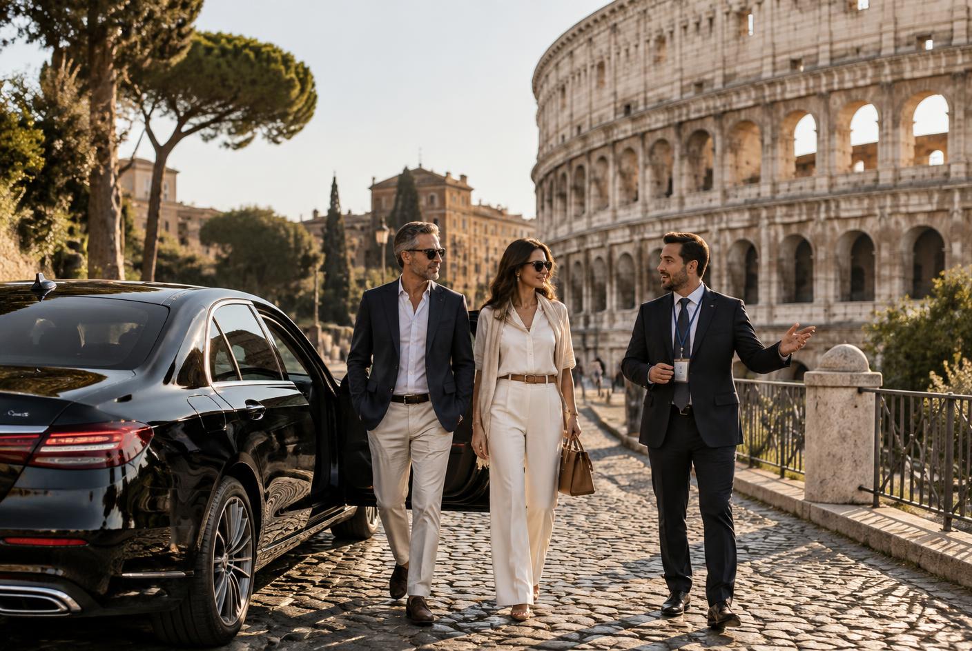 Private chauffeur and guide with guests near the Colosseum in Rome