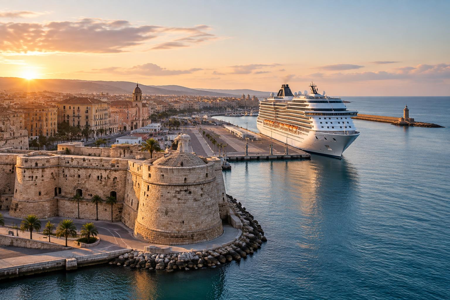 Cruise ship alongside the historic harbour at Civitavecchia on the Lazio coast