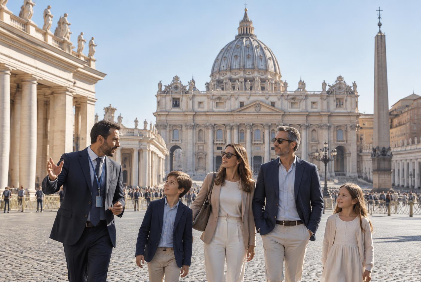 Family walking with a private guide in St Peter's Square during a shore excursion