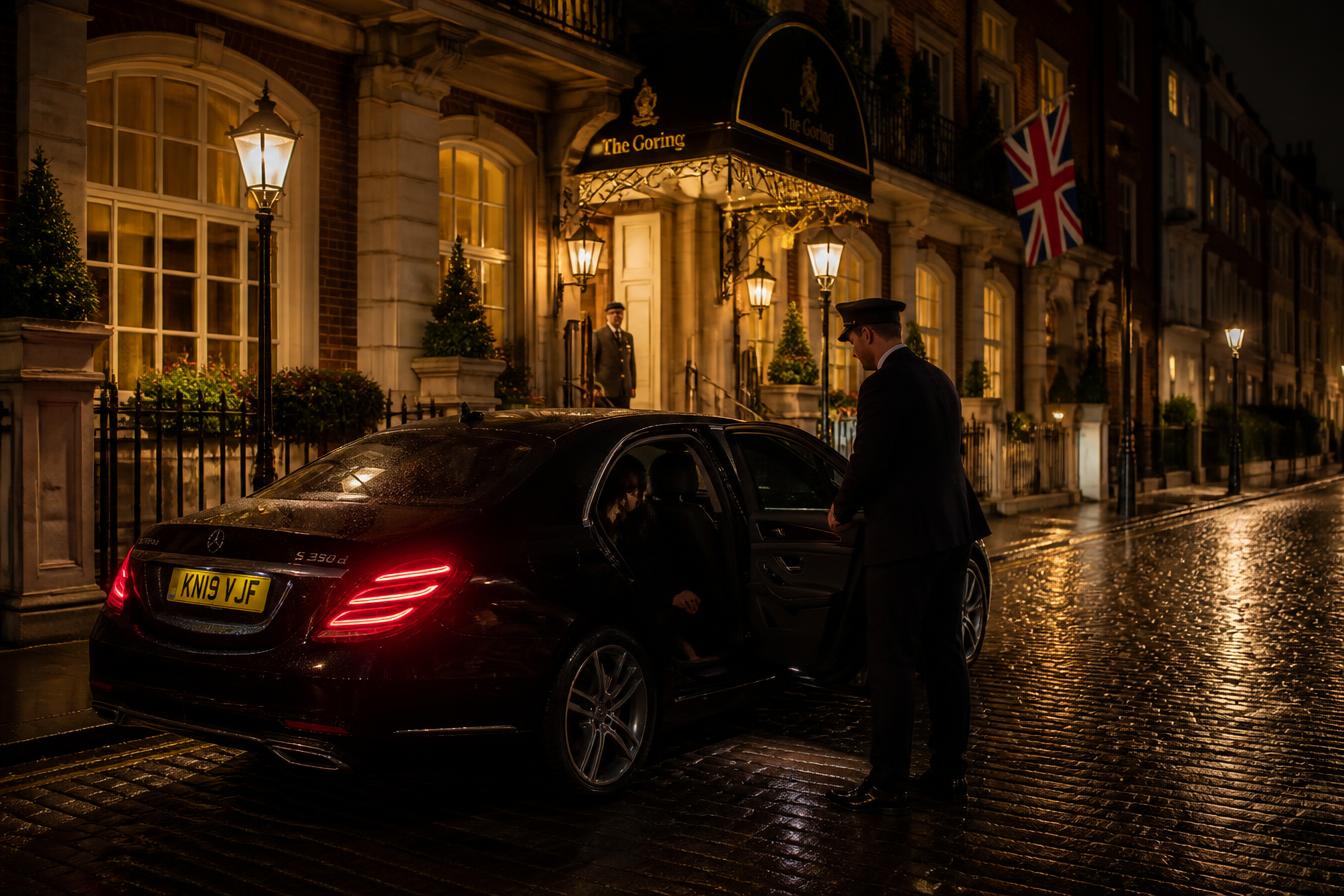 Chauffeur opening the door of a black executive car outside a lit London townhouse hotel at night