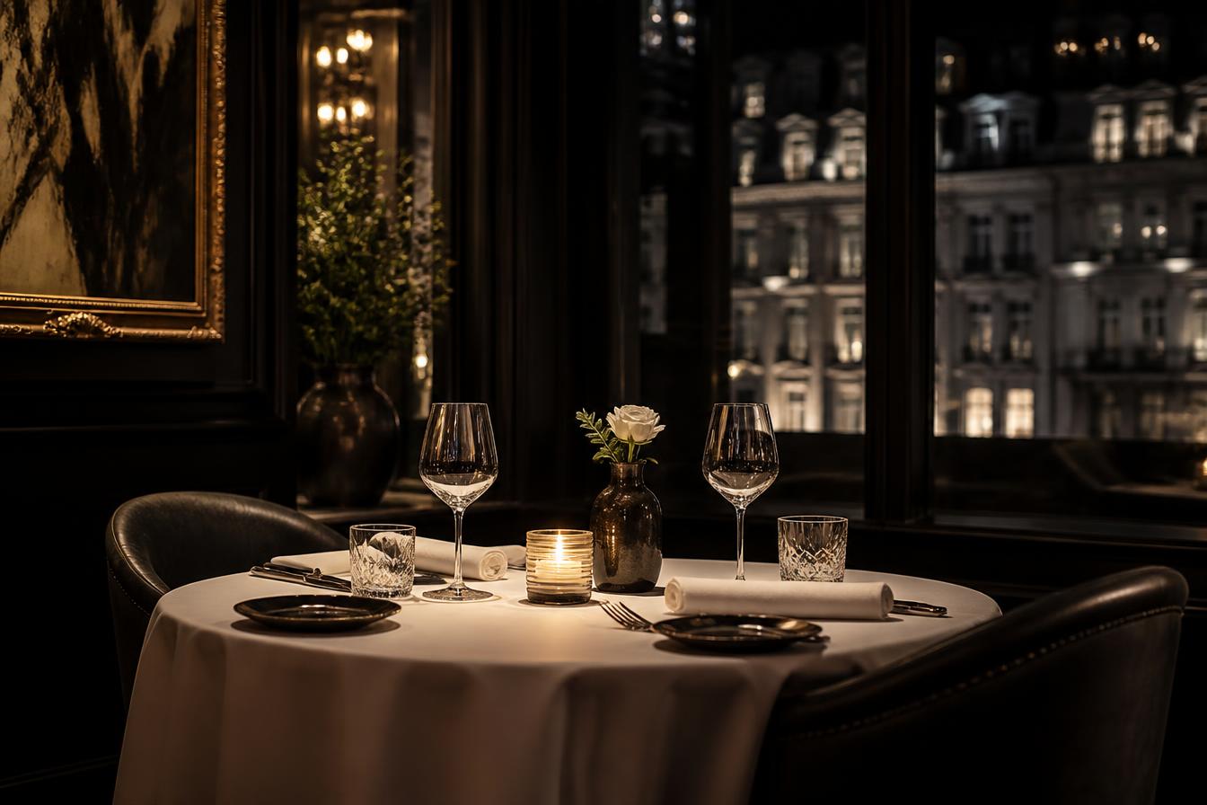 Candlelit private dining table for two with crystal glassware in a dark, elegant London restaurant