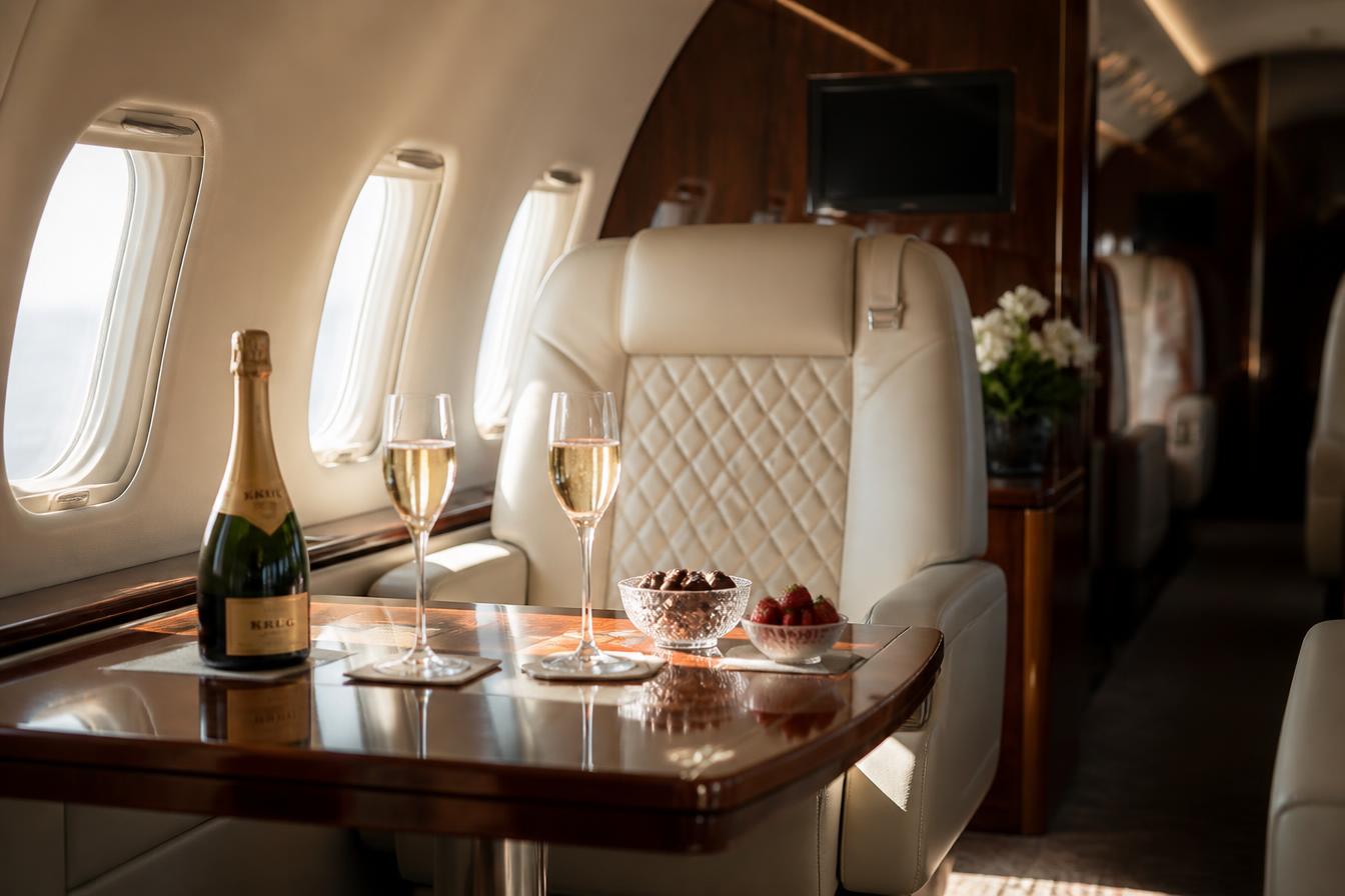 Private jet cabin with cream leather seats, champagne and fruit on a polished table