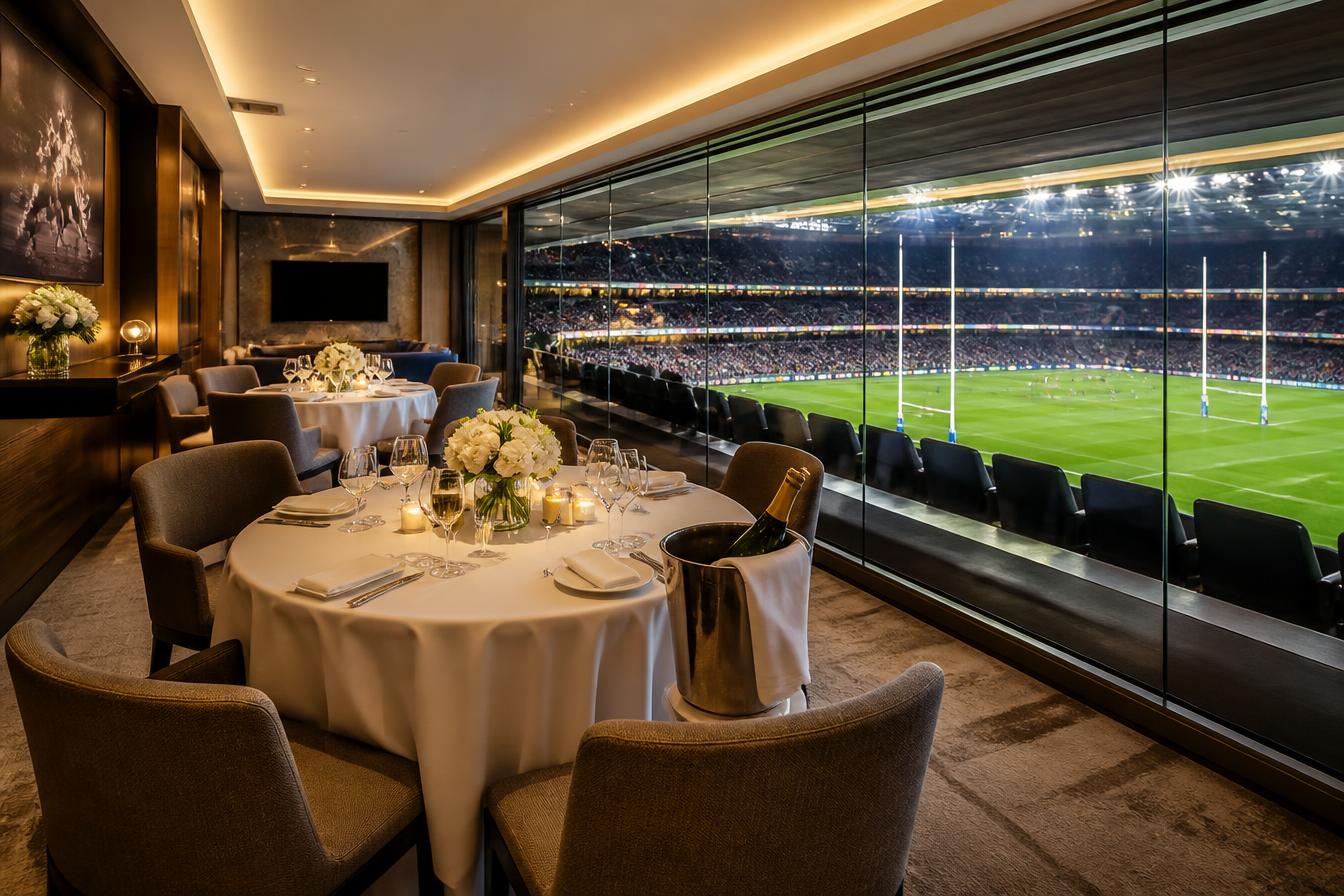 Luxury stadium hospitality suite with white-linen tables and champagne overlooking a rugby pitch