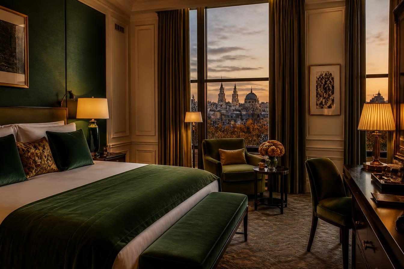 Elegant London hotel room in green and gold with a view over city rooftops at dusk