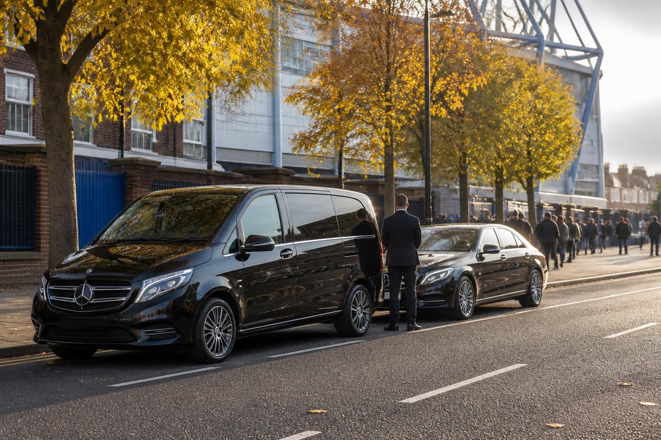 Black chauffeured minivan and executive sedan waiting on an autumn London street near a stadium