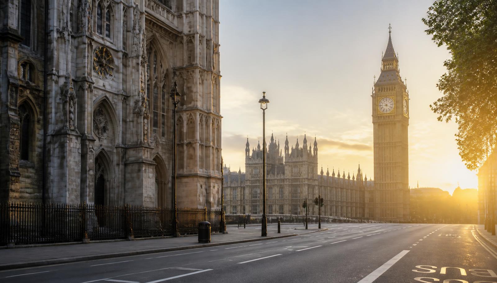 Westminster Abbey and Big Ben in early morning light with empty streets during a private London tour