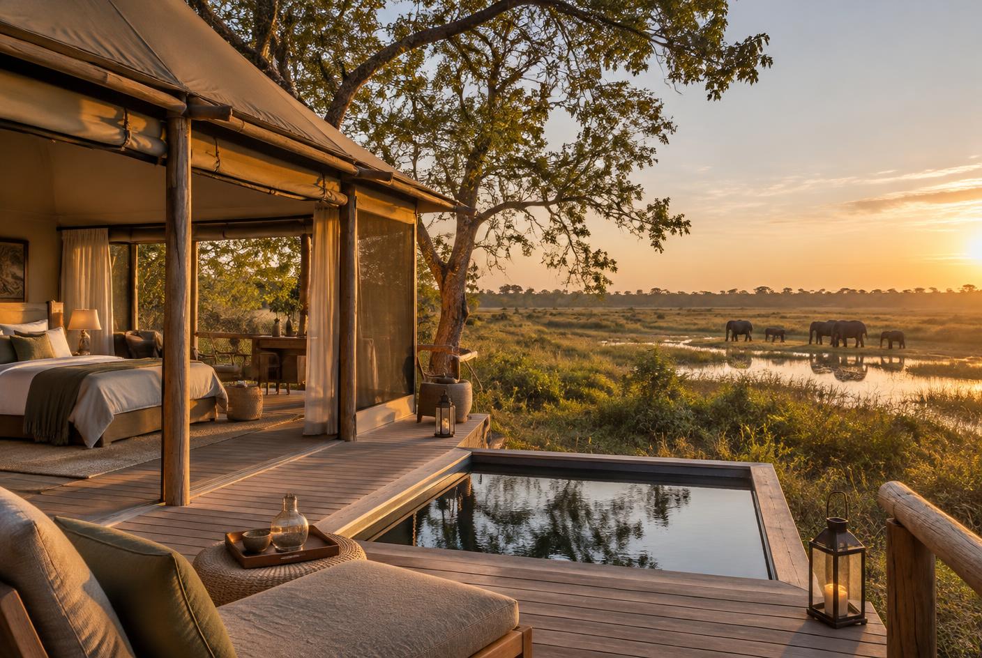 Luxury tented suite with private plunge pool overlooking elephants at a waterhole at sunset, Okavango Delta style camp