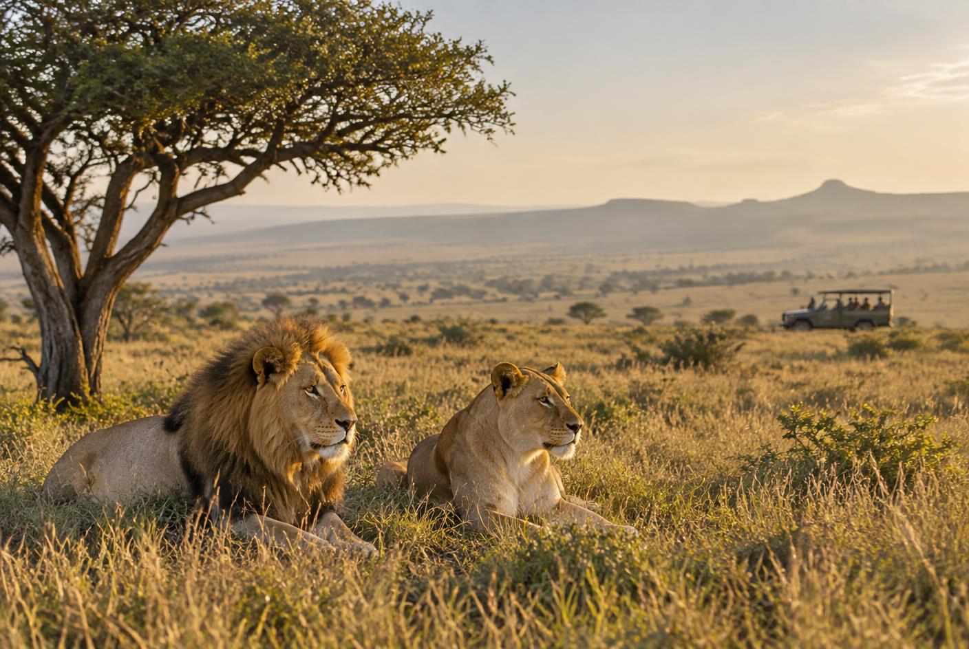 Lion and lioness resting under an acacia tree with a safari vehicle in the distance, East Africa savanna