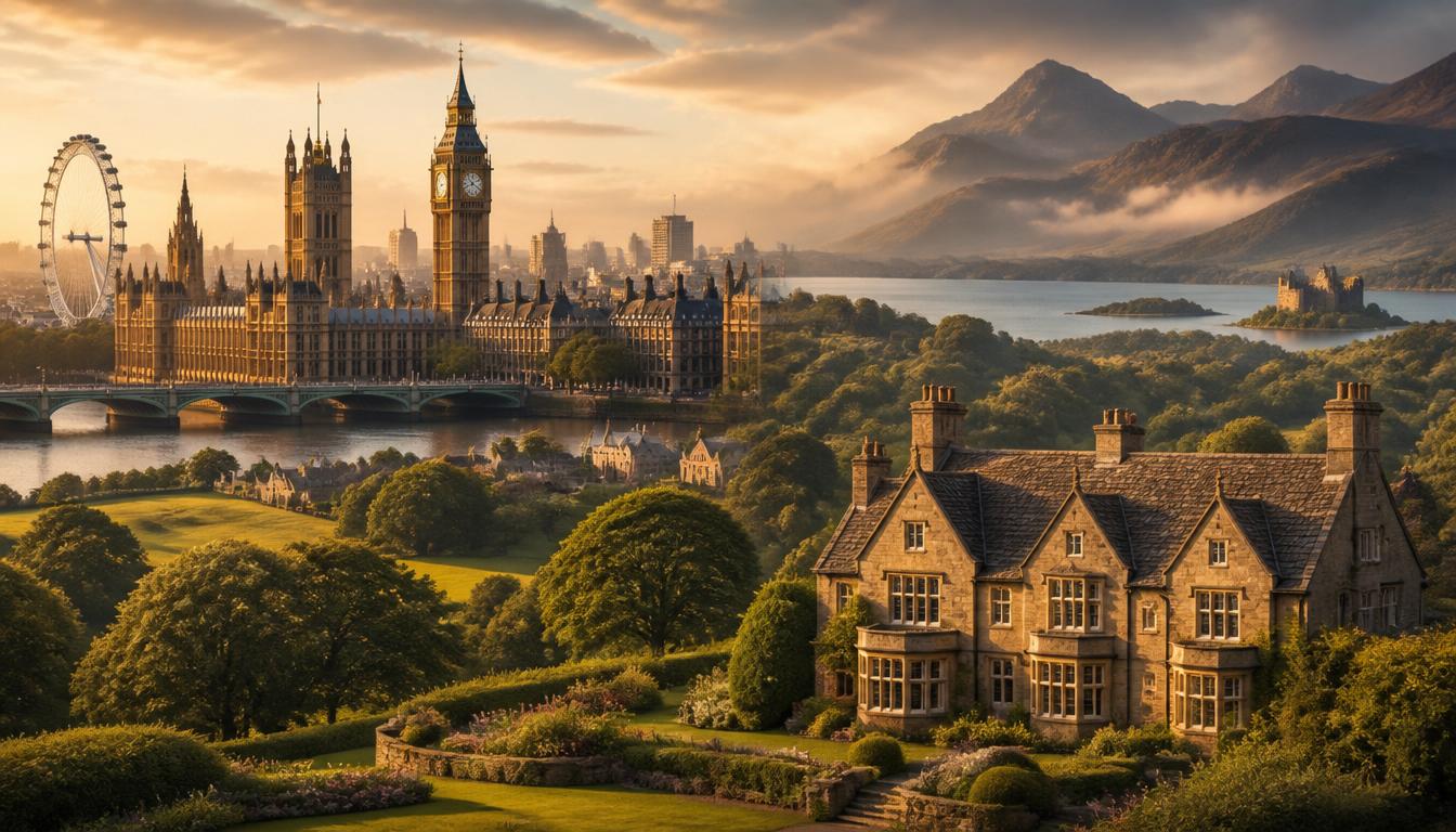 A cinematic view of London, the Cotswolds and the Scottish Highlands blended in golden light, representing luxury UK DMC services by Britatlas