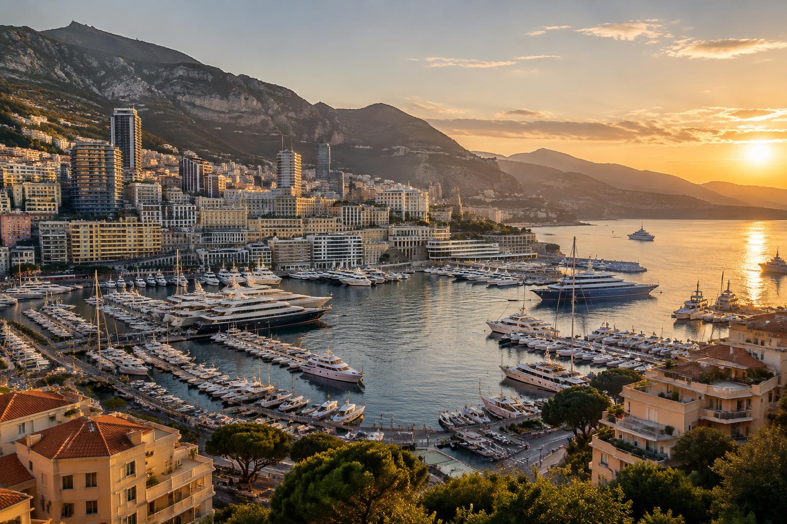 Port Hercule, superyachts and the Monte Carlo skyline at golden hour