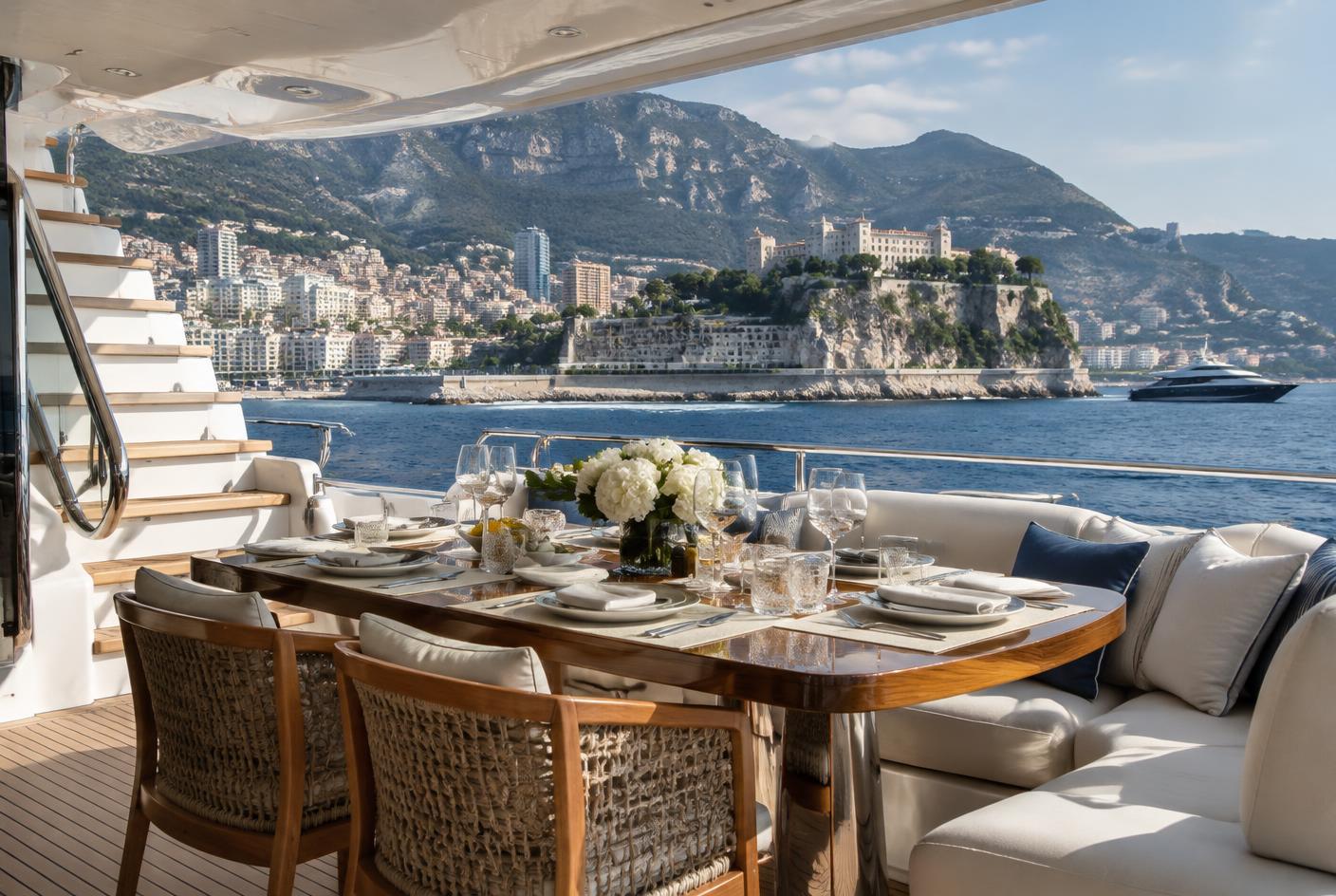 Private yacht dining deck cruising off Monaco on the Mediterranean