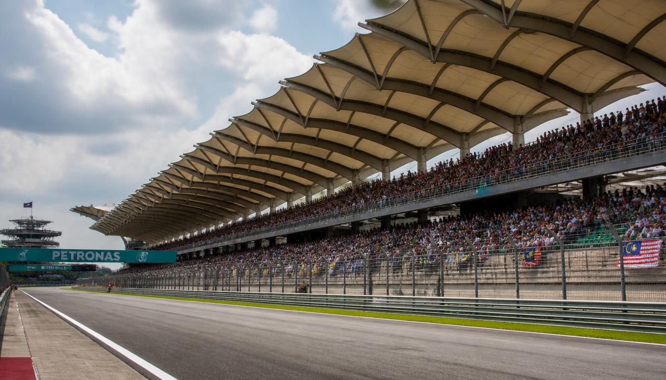 Covered main grandstand at Sepang International Circuit filled with spectators along the pit straight