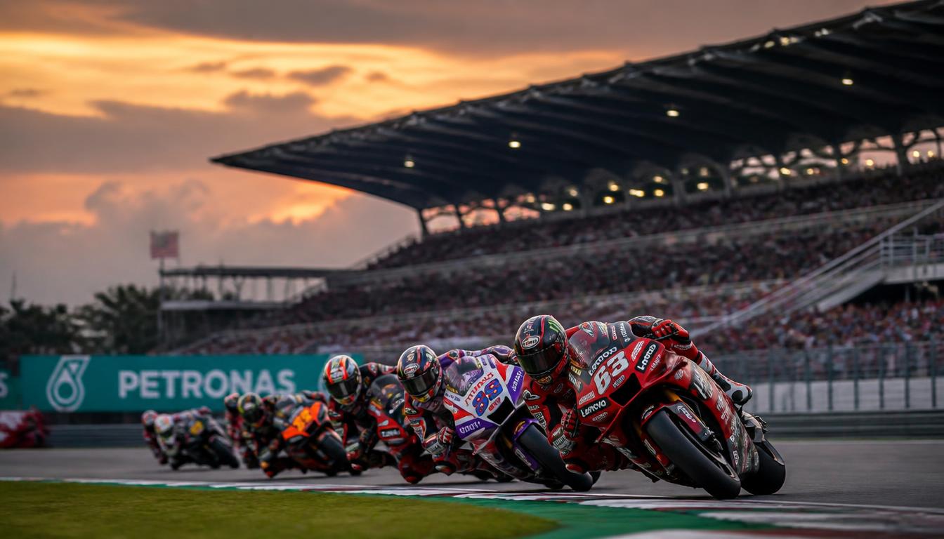 MotoGP riders leaning through a corner at Sepang International Circuit in front of packed grandstands