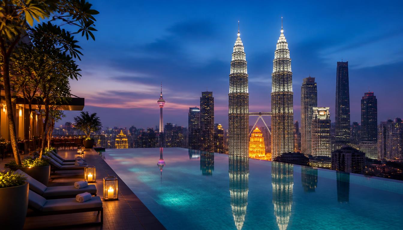 Kuala Lumpur skyline with the Petronas Twin Towers at dusk seen from a luxury hotel rooftop pool