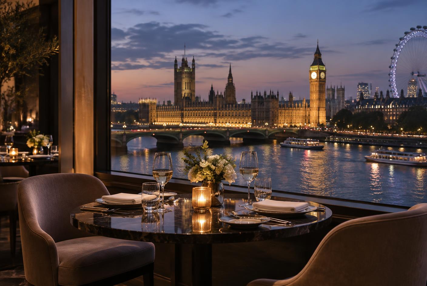 Elegant dinner table for two overlooking Westminster and the River Thames at dusk