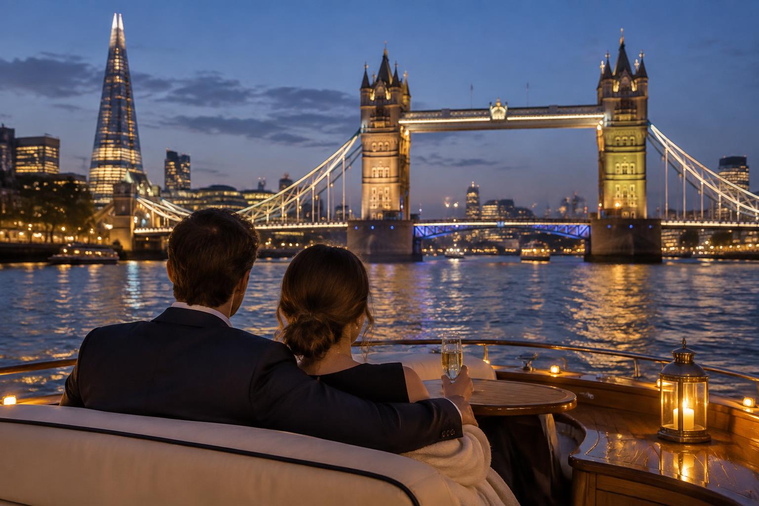Couple enjoying a private evening boat journey towards Tower Bridge in London