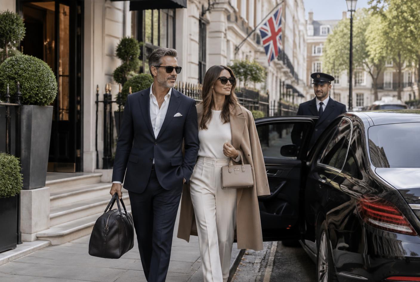 Couple arriving by chauffeur at an elegant Mayfair hotel in London