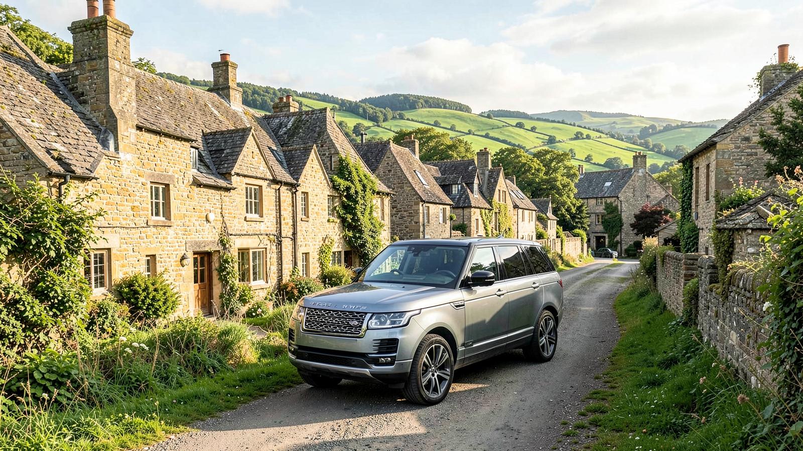 Luxury vehicle on a quiet lane through a honey-coloured Cotswolds village on a private day tour from London