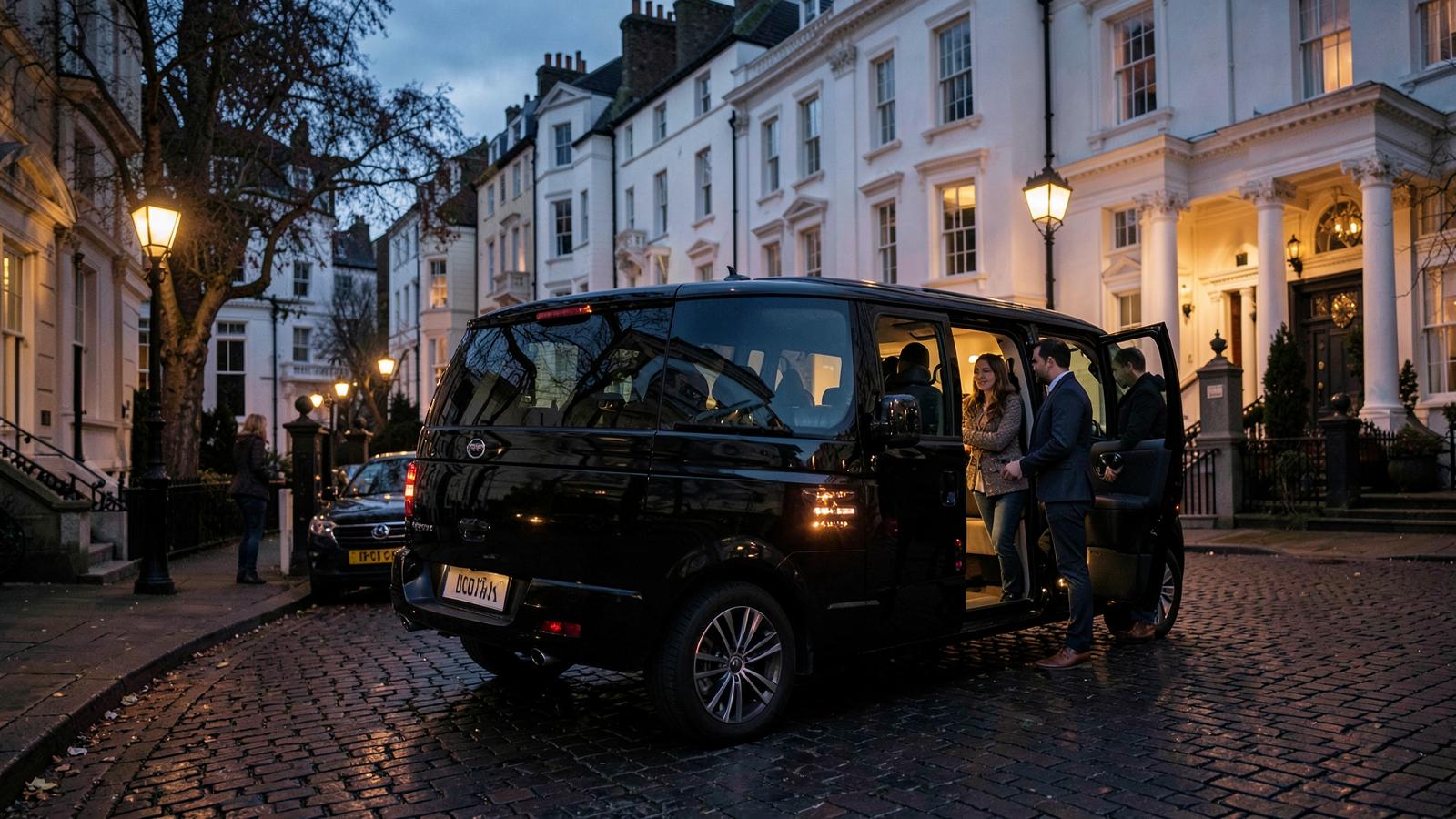 Guests boarding a chauffeured vehicle on a cobbled South Kensington street during a private evening tour of London