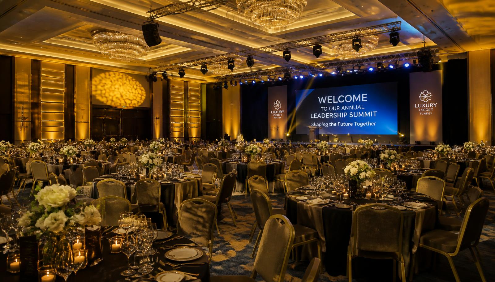 Large hotel ballroom in a Turkish luxury resort set for a corporate gala dinner with round tables, gold uplighting, stage and screen
