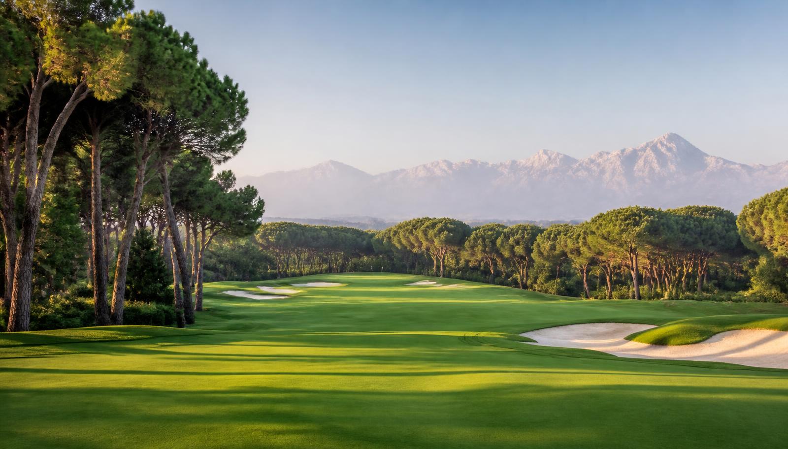 Championship golf fairway in Belek Turkey lined with pine trees, bunkers and the Taurus mountains in the distance at sunrise