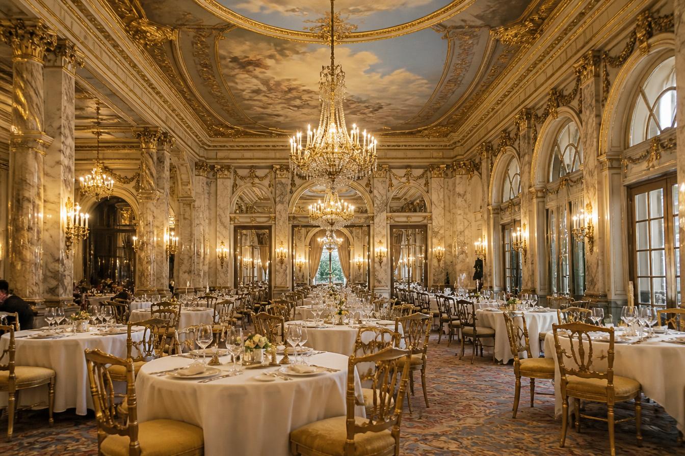 Opulent belle-epoque hotel dining room with painted ceiling, marble columns, chandeliers and white-linen tables