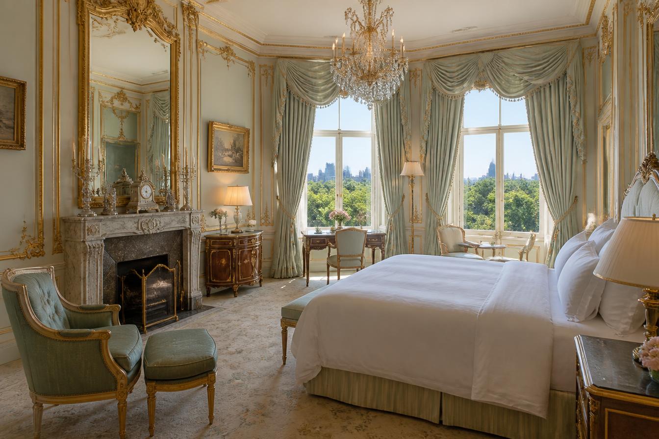 Louis XVI style London hotel suite with gilded panelling, marble fireplace, silk drapes and windows over Green Park